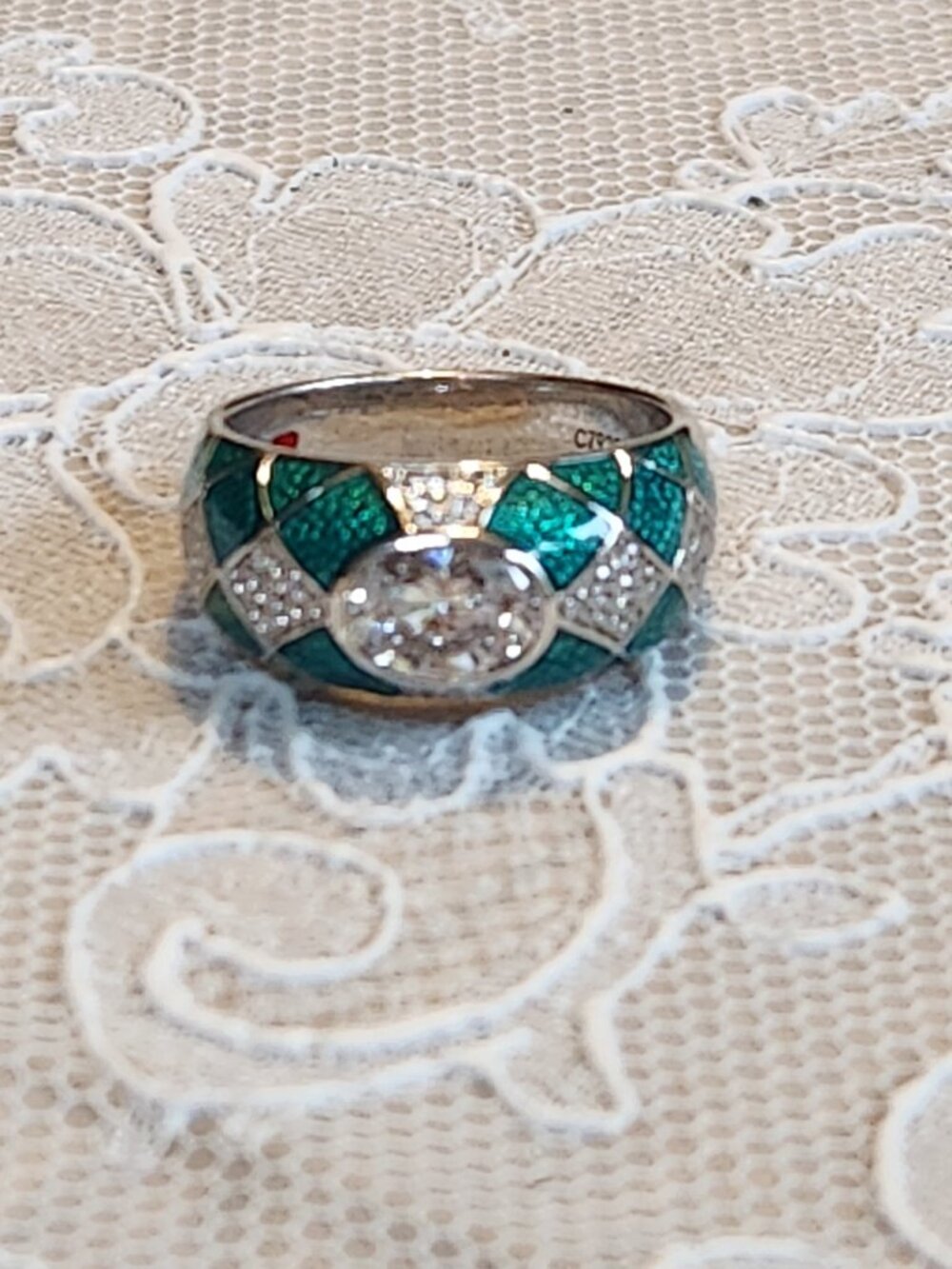 Hidalgo Diamonique Oval Cut CZ Green Enamel Ring 925 Size 9 - geometric pattern! - Picture 7 of 14